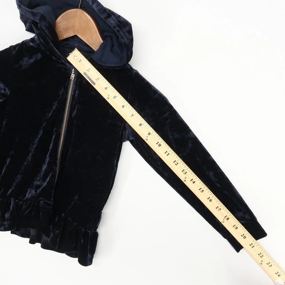 Polarn O. Pyret‎ Velvet Hoodie Swans Navy Blue Ruffle Girls Size 4-6